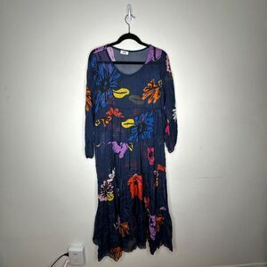 Kate by Laltramoda Sheer Navy Multi Floral Boho Midi Dress 3/4 Sleeve Large